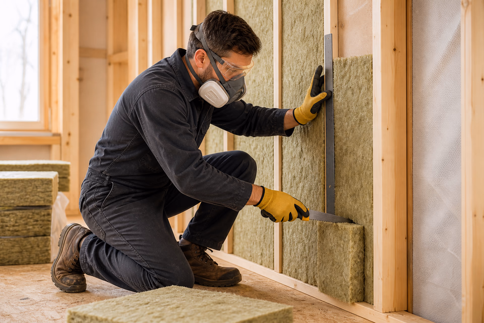 Insulation installer fitting mineral-wool batts between wall studs.