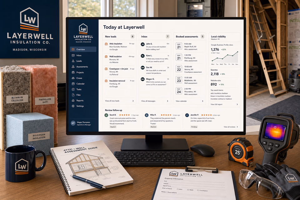 Layerwell Insulation Co. operations dashboard with current leads, scheduling, service activity, local visibility, and customer reviews