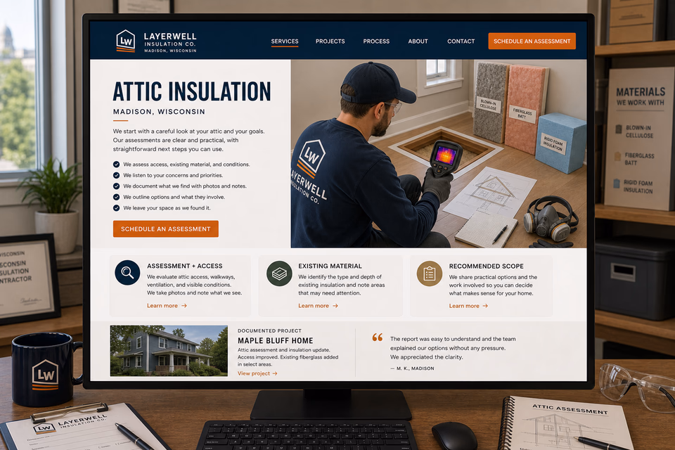 Layerwell Insulation Co. customer-facing service page with clear local service details, proof, and a direct request path