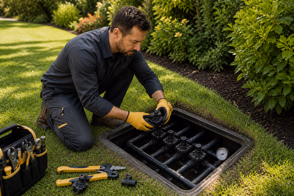 Irrigation technician services a valve manifold inside a lawn valve box.