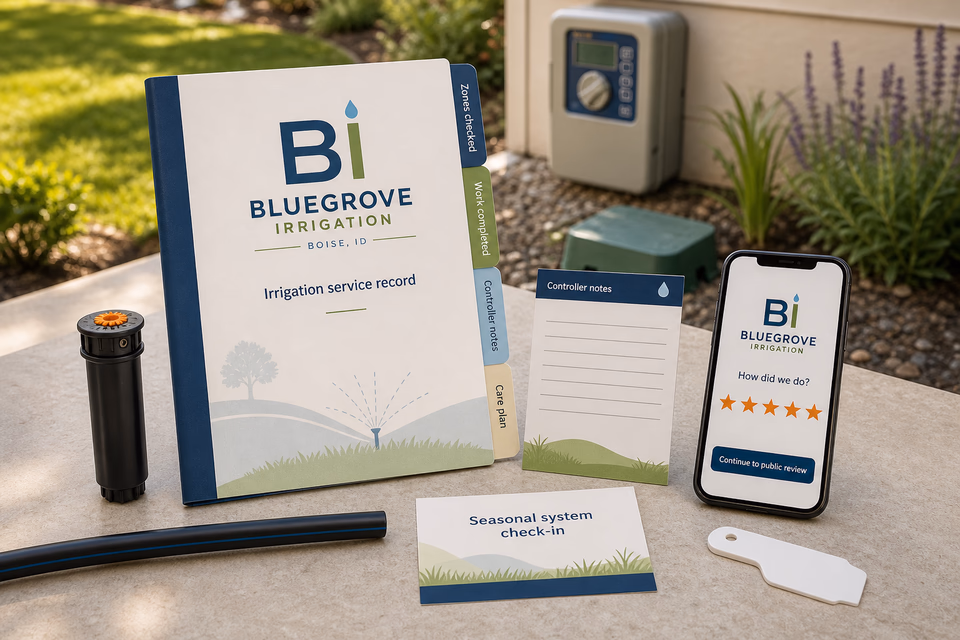 Bluegrove Irrigation retention system showing the customer journey and the team's next action