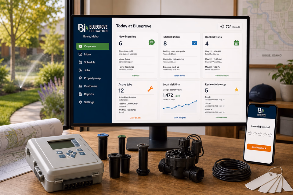 Bluegrove Irrigation operations dashboard with current leads, scheduling, service activity, local visibility, and customer reviews