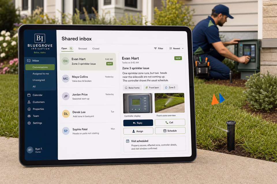 Bluegrove Irrigation response system showing the customer journey and the team's next action
