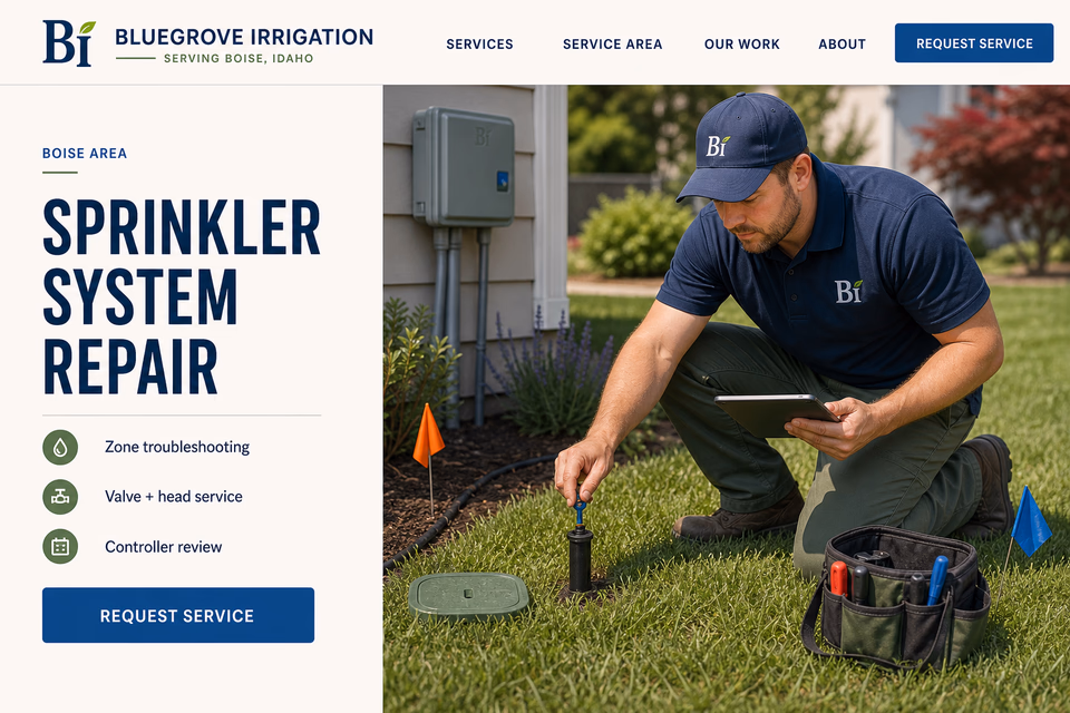Bluegrove Irrigation customer-facing service page with clear local service details, proof, and a direct request path