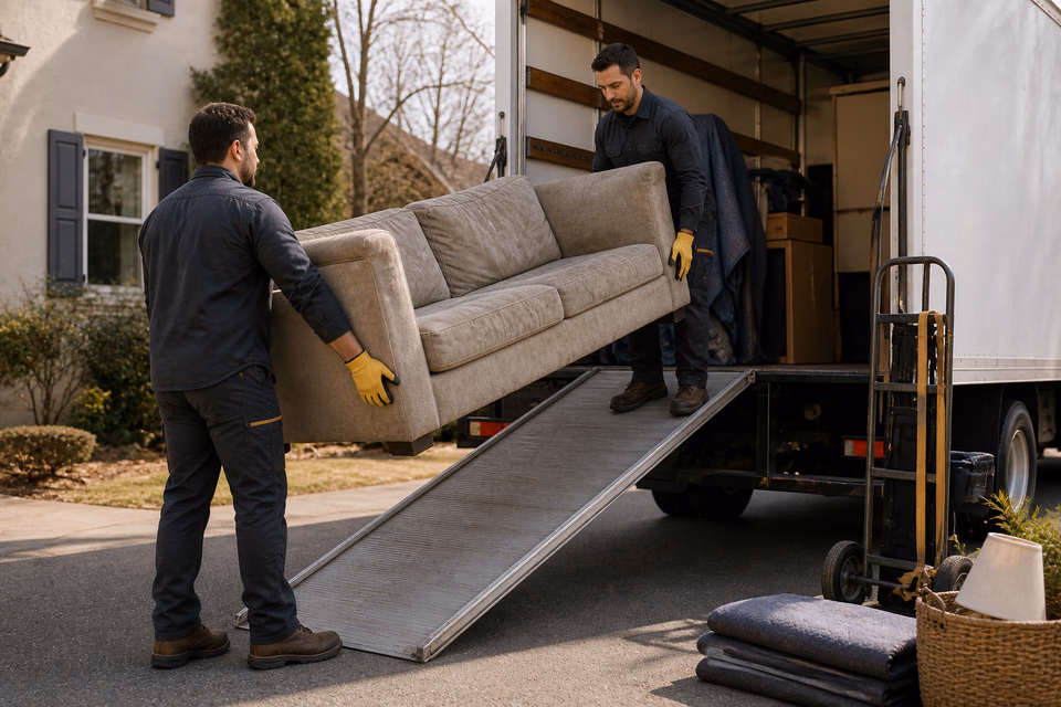 Junk-removal crew carrying a sofa up a box-truck ramp.