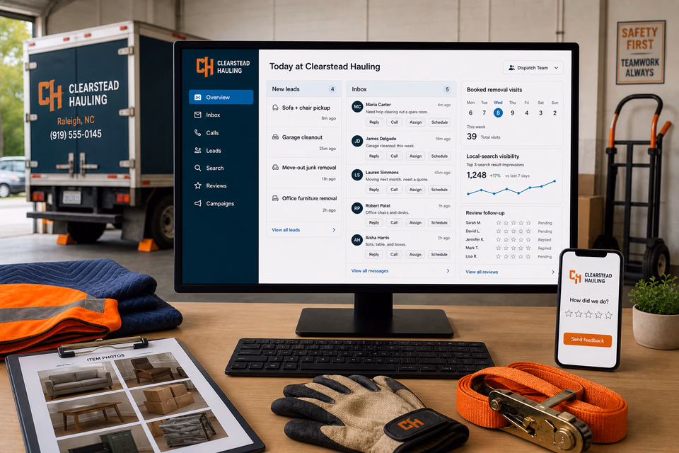 Clearstead Hauling operations dashboard with current leads, scheduling, service activity, local visibility, and customer reviews