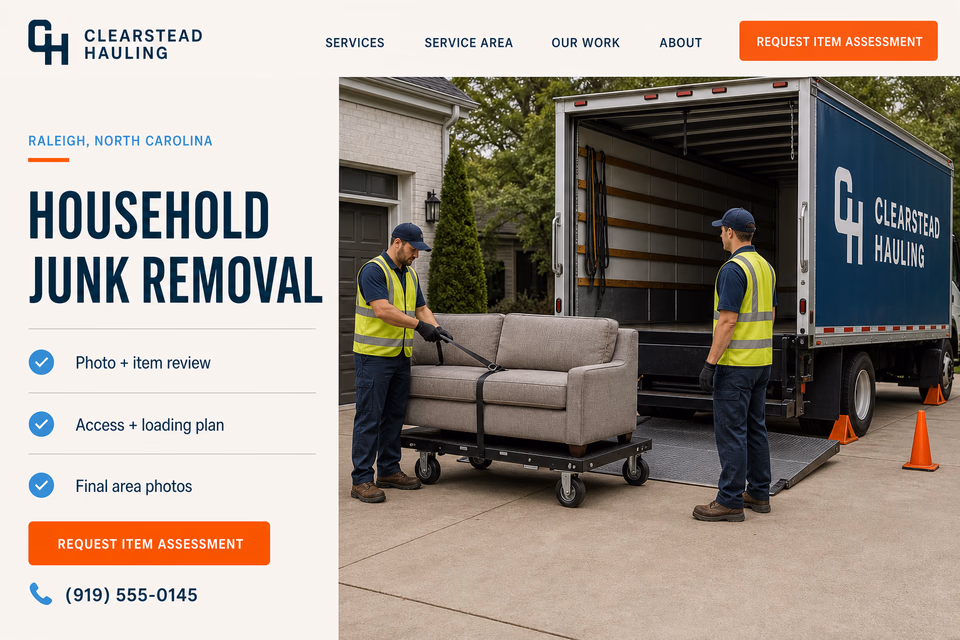 Clearstead Hauling customer-facing service page with clear local service details, proof, and a direct request path