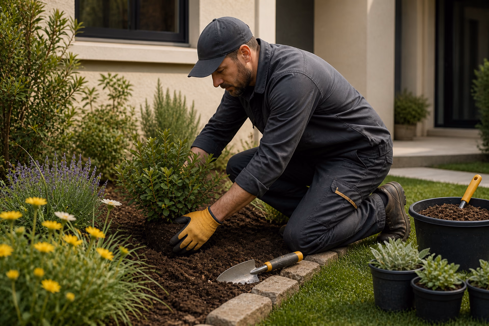 Landscaper planting a shrub in a prepared residential garden bed.