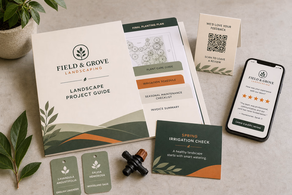 Field & Grove Landscaping retention system showing the customer journey and the team's next action