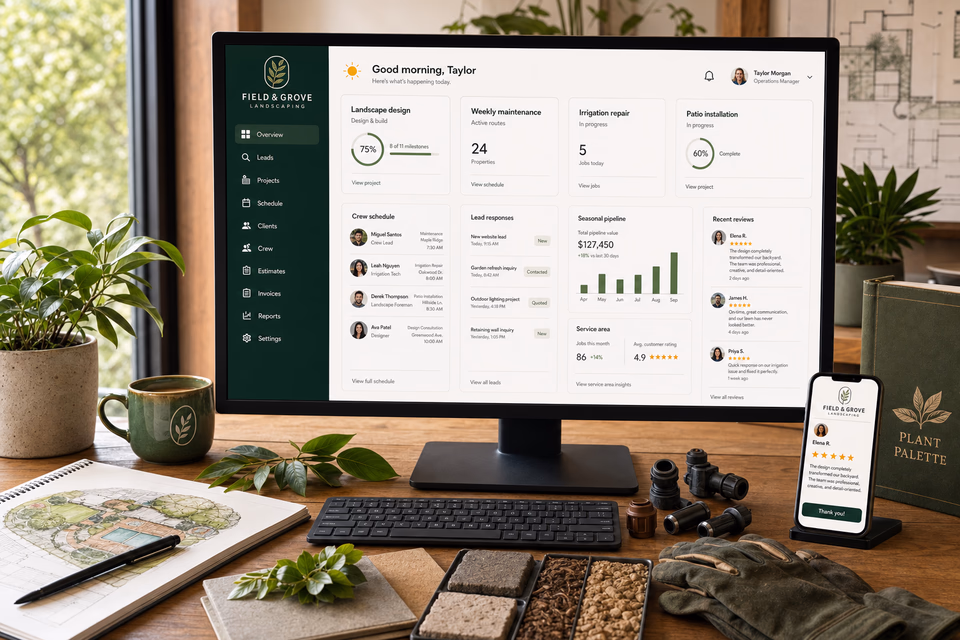 Field & Grove Landscaping operations dashboard with current leads, scheduling, service activity, local visibility, and customer reviews