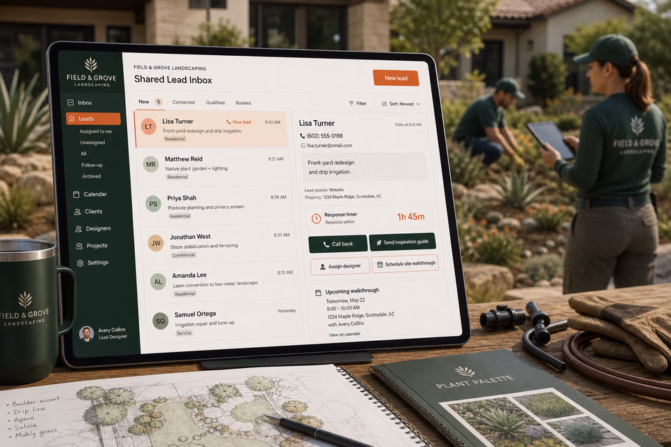 Field & Grove Landscaping response system showing the customer journey and the team's next action