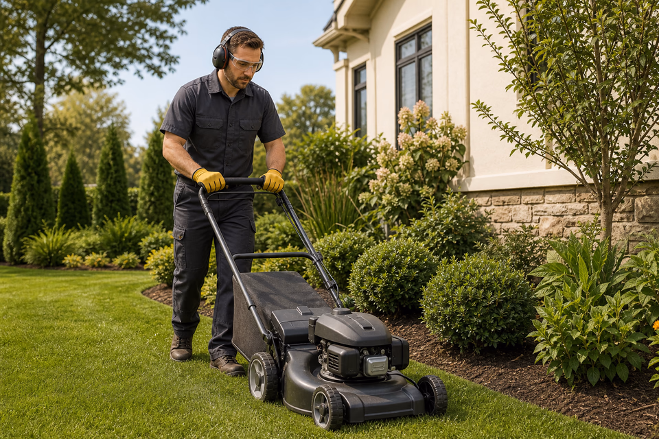 Lawn-care professional mowing a residential lawn along a clean garden edge.