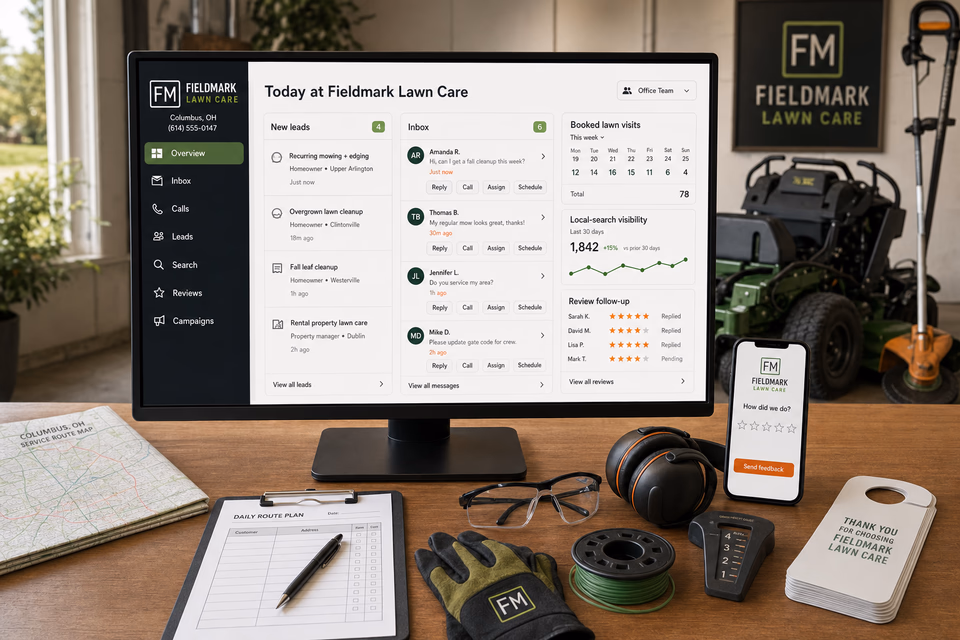 Fieldmark Lawn Care operations dashboard with current leads, scheduling, service activity, local visibility, and customer reviews