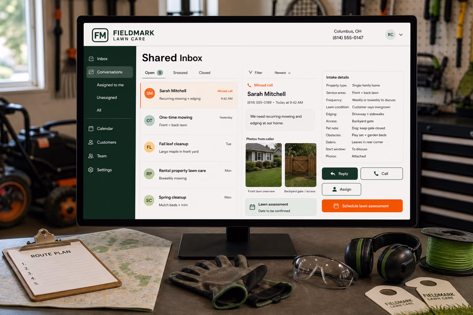 Fieldmark Lawn Care response system showing the customer journey and the team's next action