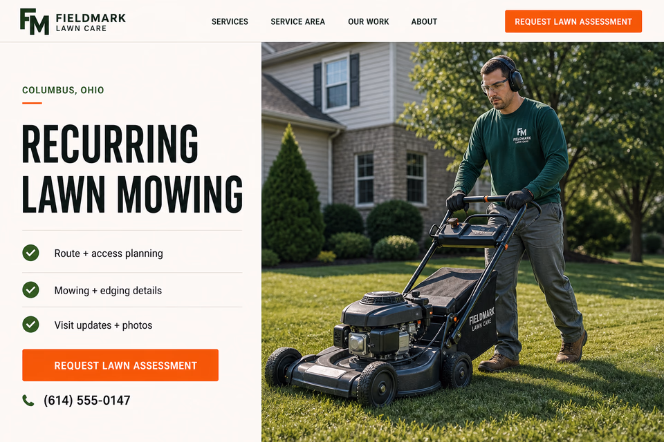 Fieldmark Lawn Care customer-facing service page with clear local service details, proof, and a direct request path