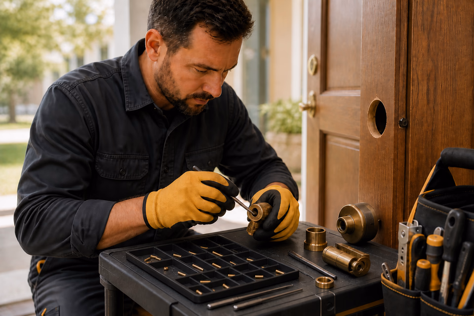 Locksmith rekeys a brass residential deadbolt beside an open front door.