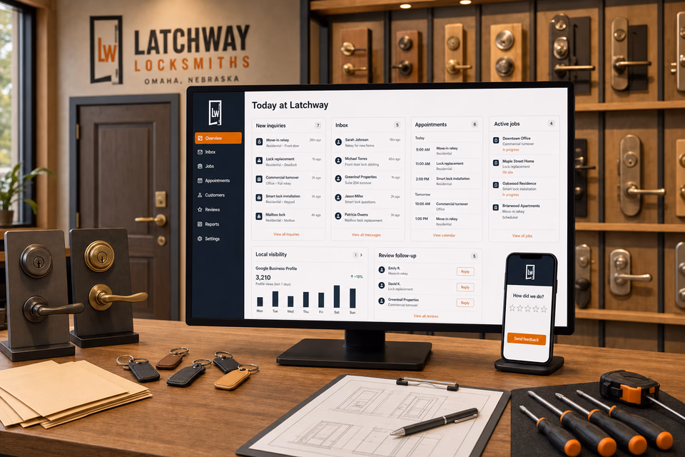 Latchway Locksmiths operations dashboard with current leads, scheduling, service activity, local visibility, and customer reviews