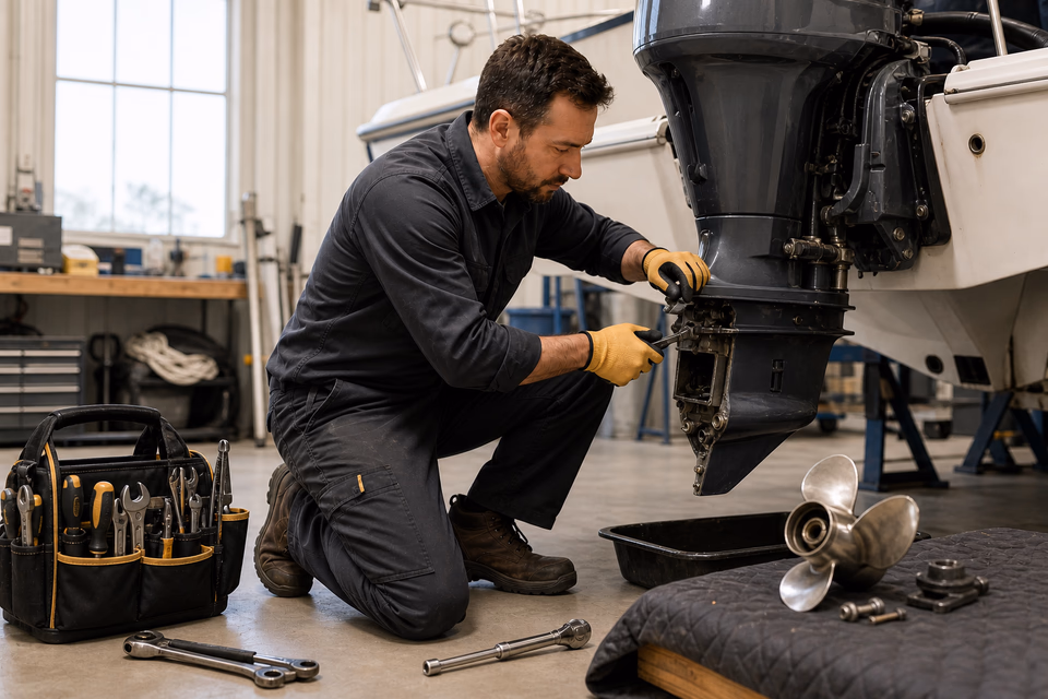 Marine repair technician servicing an outboard motor lower unit in a dry workshop.