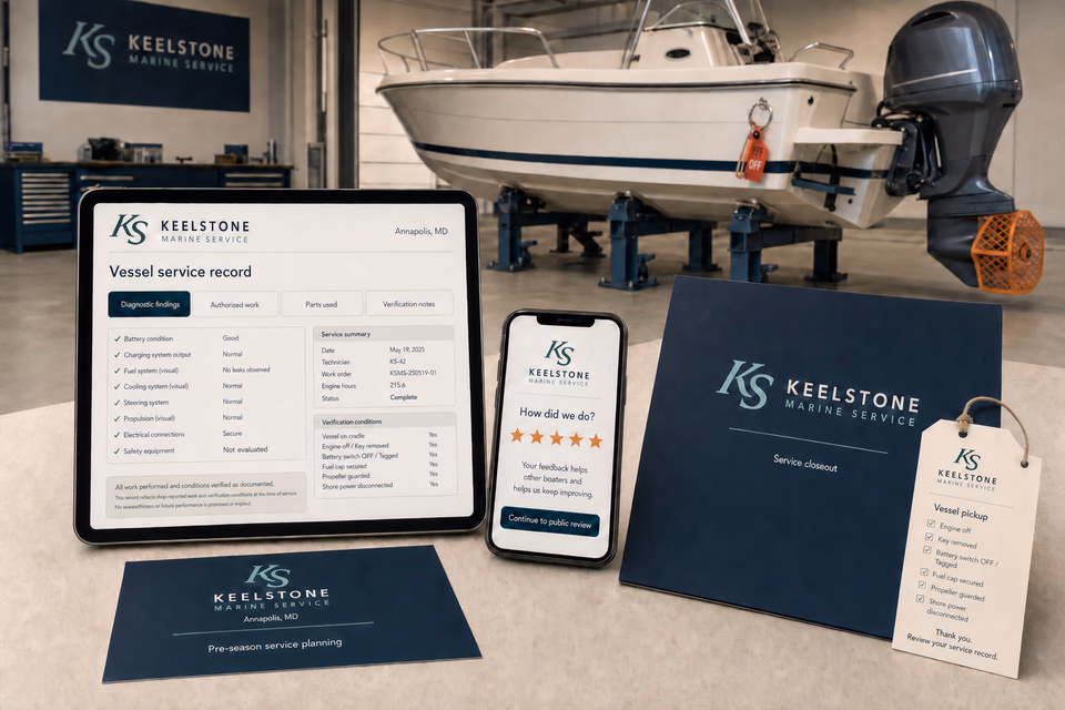 Keelstone Marine Service retention system showing the customer journey and the team's next action