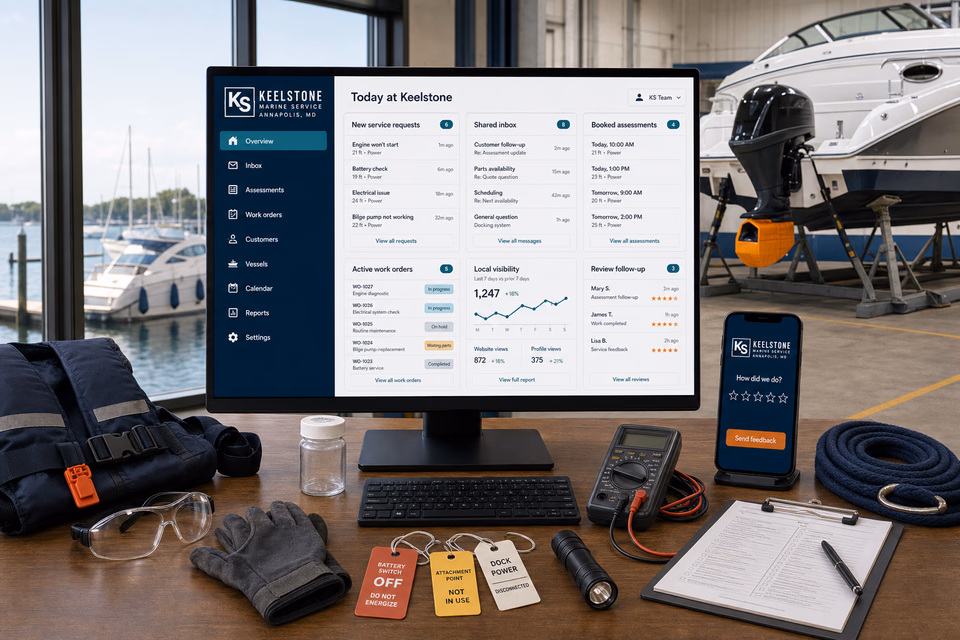 Keelstone Marine Service operations dashboard with current leads, scheduling, service activity, local visibility, and customer reviews