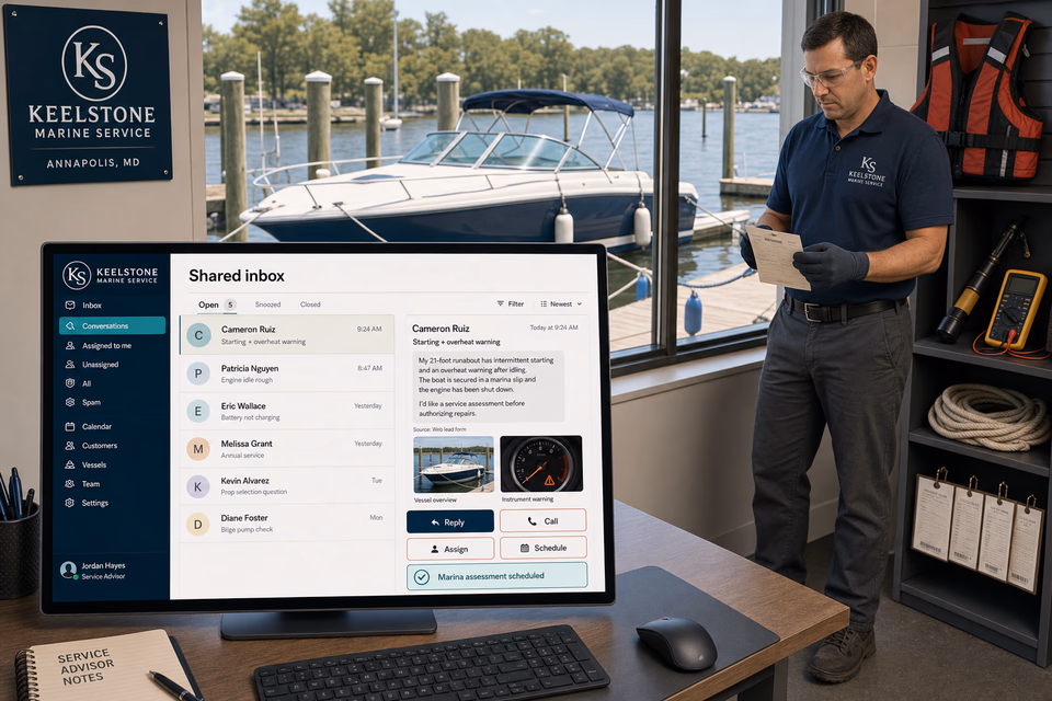 Keelstone Marine Service response system showing the customer journey and the team's next action
