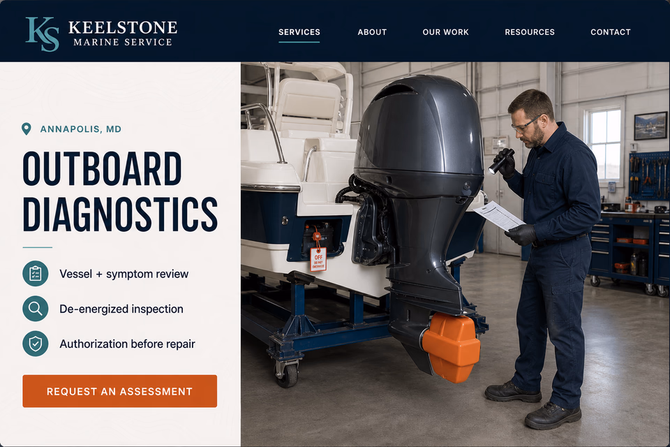 Keelstone Marine Service customer-facing service page with clear local service details, proof, and a direct request path