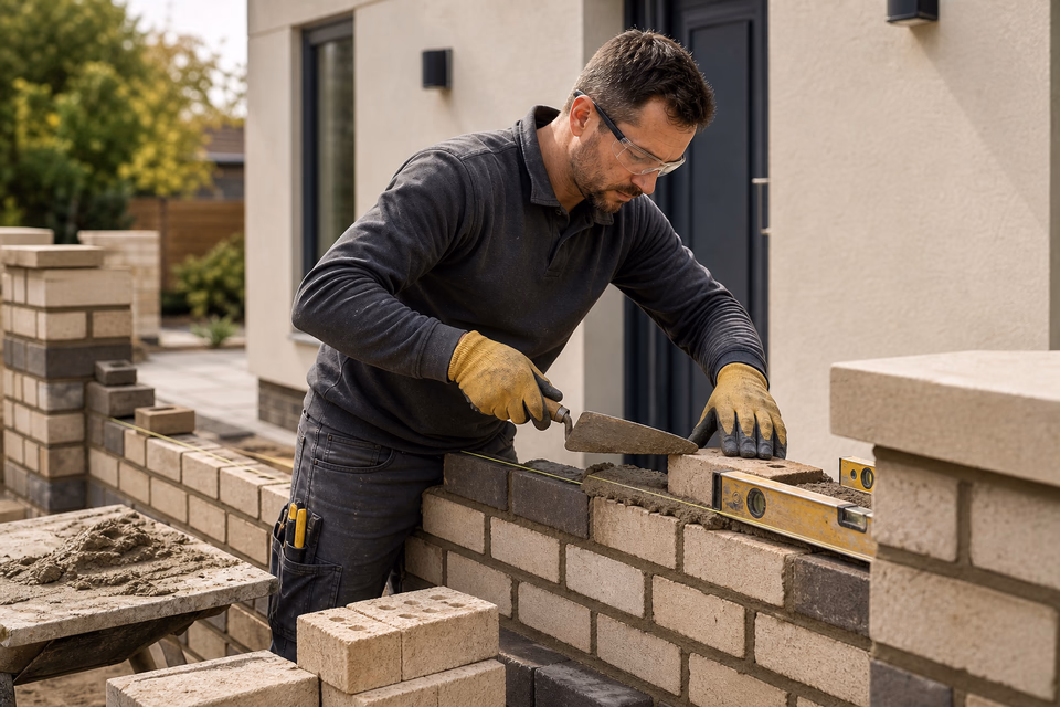 Mason setting a brick into a fresh mortar course on a low wall.
