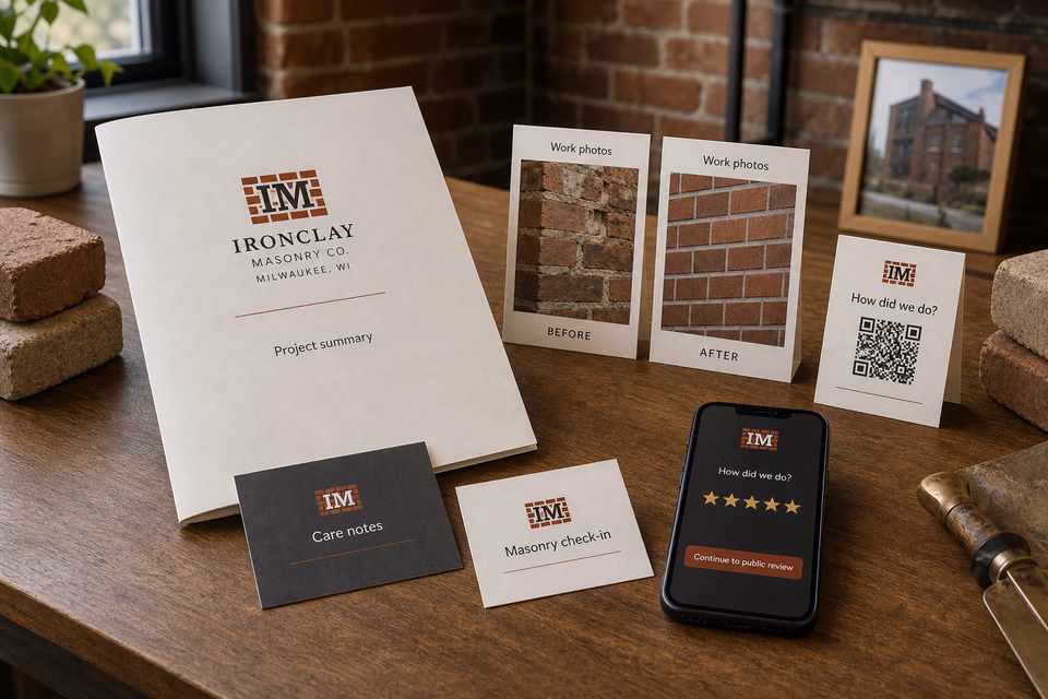 Ironclay Masonry Co. retention system showing the customer journey and the team's next action