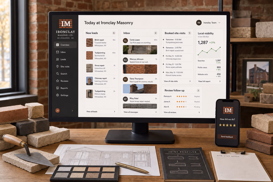 Ironclay Masonry Co. operations dashboard with current leads, scheduling, service activity, local visibility, and customer reviews