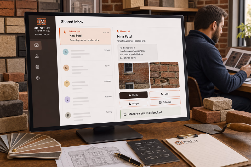 Ironclay Masonry Co. response system showing the customer journey and the team's next action