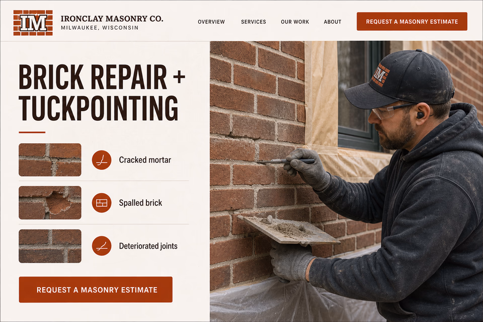 Ironclay Masonry Co. customer-facing service page with clear local service details, proof, and a direct request path