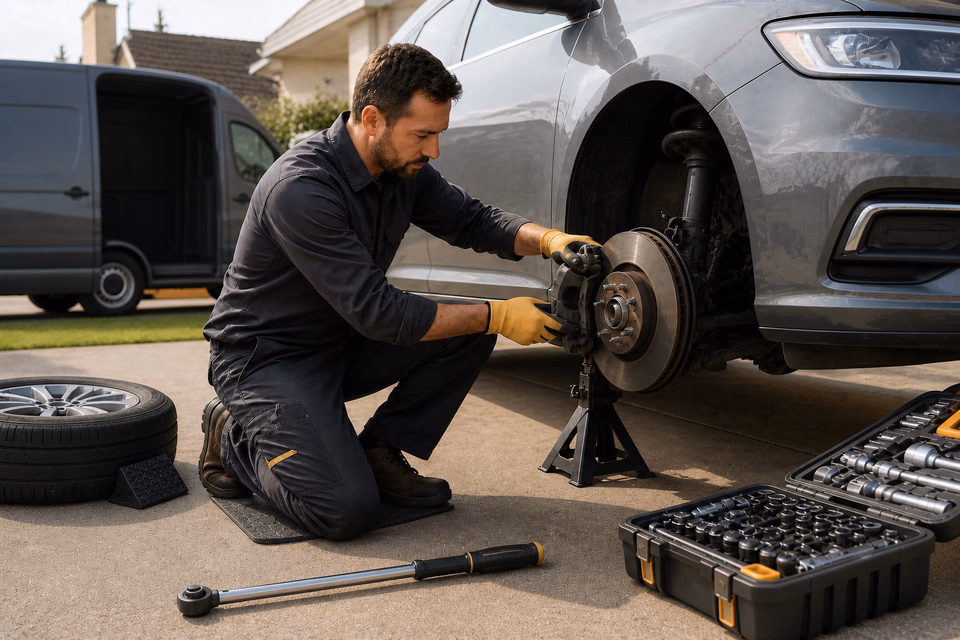 Mobile mechanic services a brake caliper on a safely supported driveway vehicle.