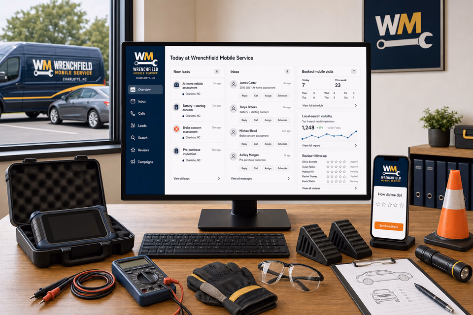 Wrenchfield Mobile Service operations dashboard with current leads, scheduling, service activity, local visibility, and customer reviews