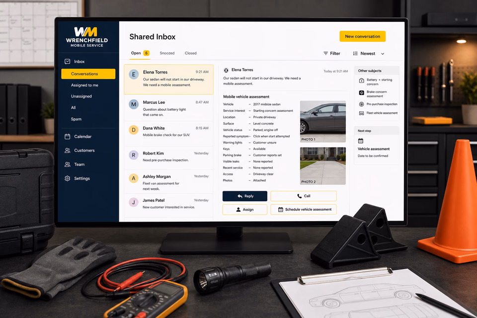 Wrenchfield Mobile Service response system showing the customer journey and the team's next action