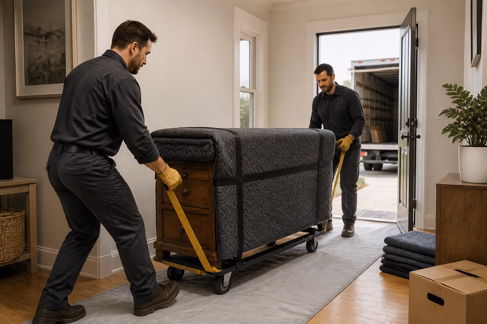 Movers guiding a blanket-wrapped dresser through a doorway with lifting straps.