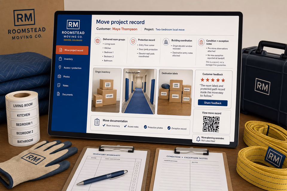 Roomstead Moving Co. retention system showing the customer journey and the team's next action