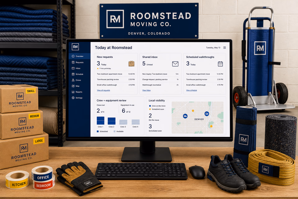 Roomstead Moving Co. operations dashboard with current leads, scheduling, service activity, local visibility, and customer reviews