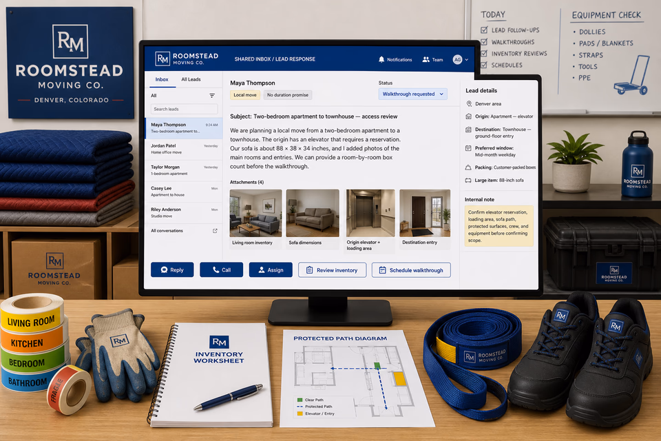 Roomstead Moving Co. response system showing the customer journey and the team's next action