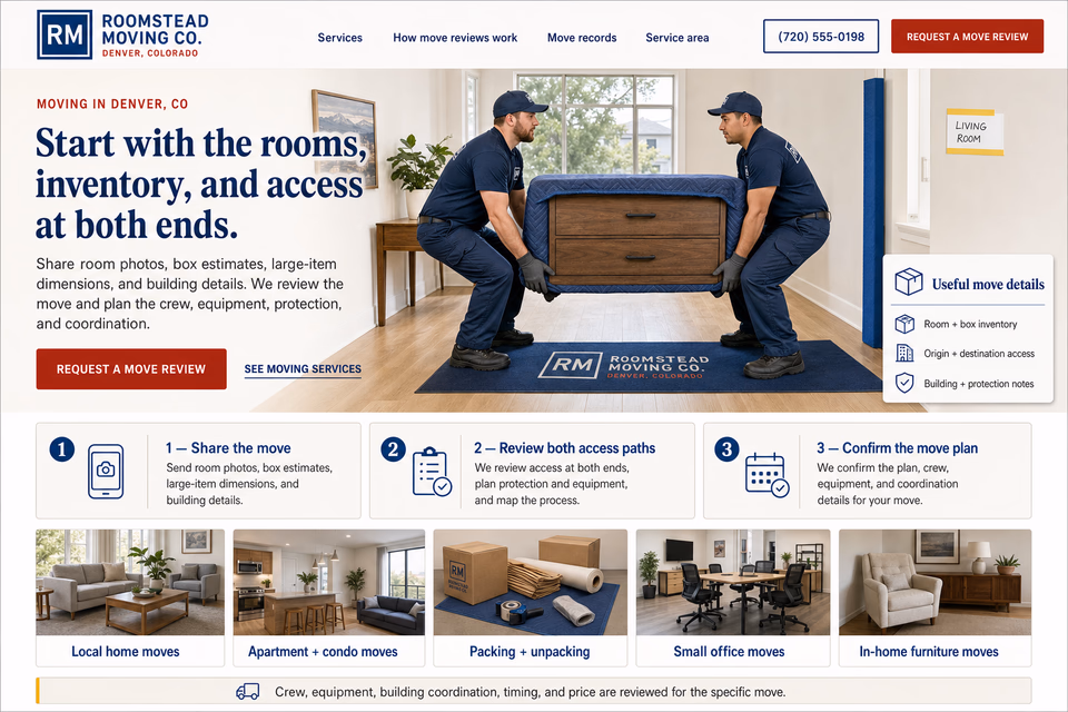 Roomstead Moving Co. customer-facing service page with clear local service details, proof, and a direct request path
