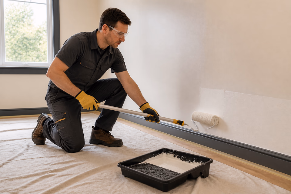 Professional painter rolling a warm-cream interior wall above a protected floor.