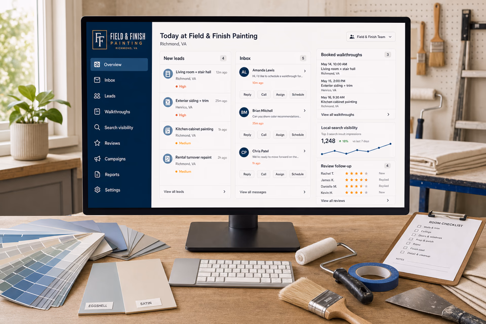 Field & Finish Painting operations dashboard with current leads, scheduling, service activity, local visibility, and customer reviews