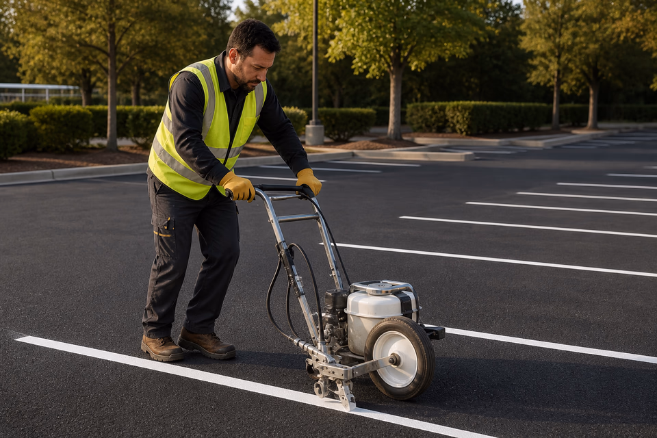 Parking-lot worker applies a crisp white stripe with a walk-behind line machine.