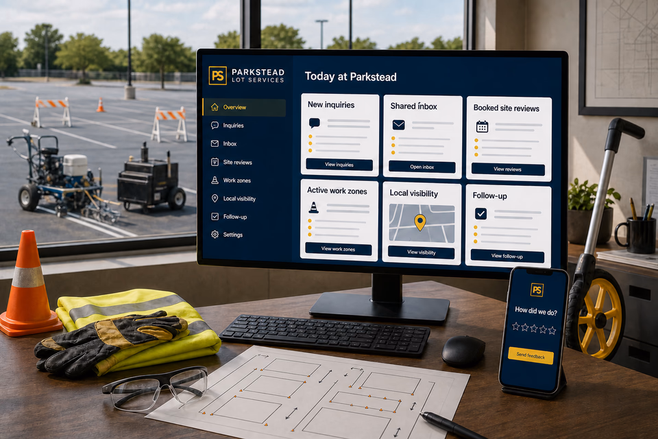 Parkstead Lot Services operations dashboard with current leads, scheduling, service activity, local visibility, and customer reviews