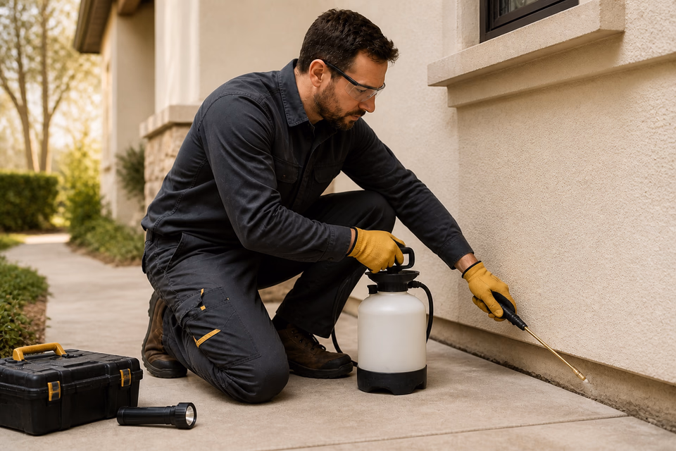 Pest-control technician treating a narrow exterior foundation gap with a hand sprayer.