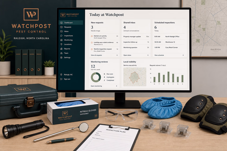 Watchpost Pest Control operations dashboard with current leads, scheduling, service activity, local visibility, and customer reviews