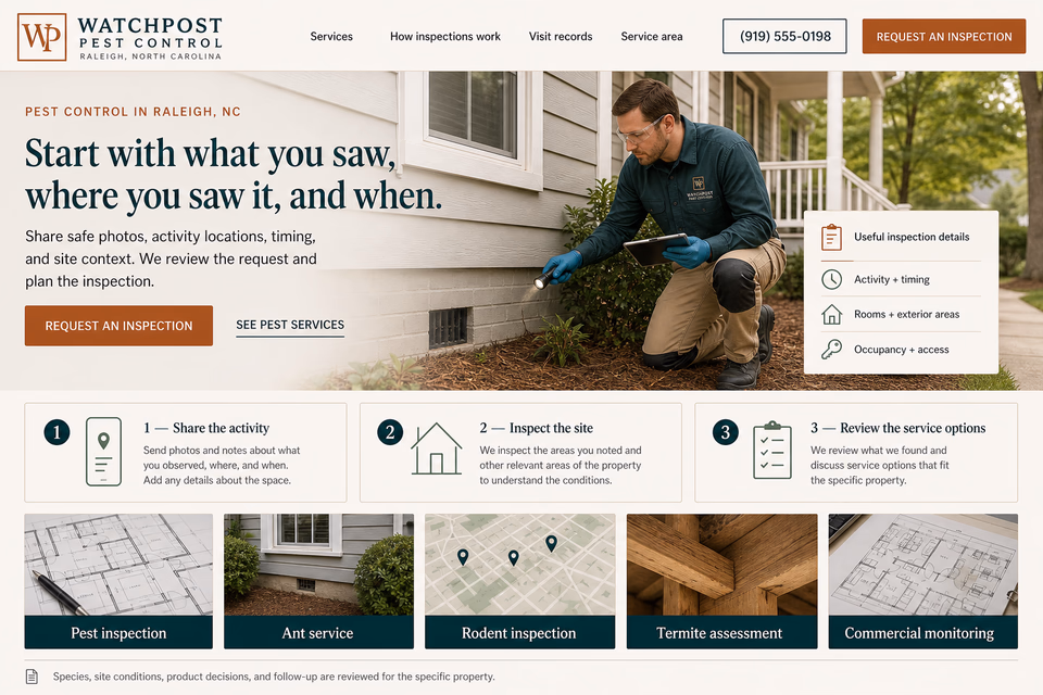 Watchpost Pest Control customer-facing service page with clear local service details, proof, and a direct request path