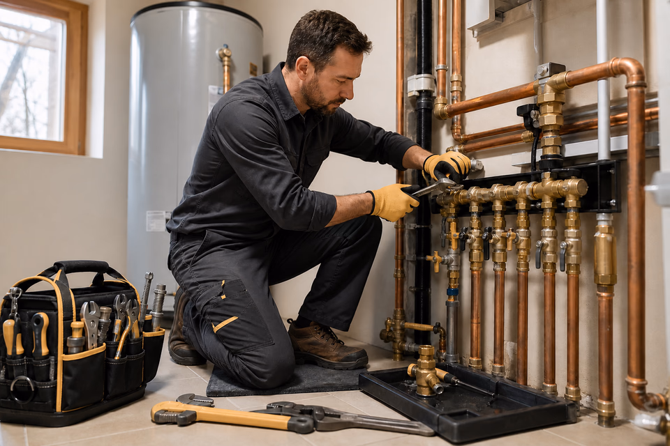 Professional plumber tightening a brass connection on a copper manifold beside a residential water heater