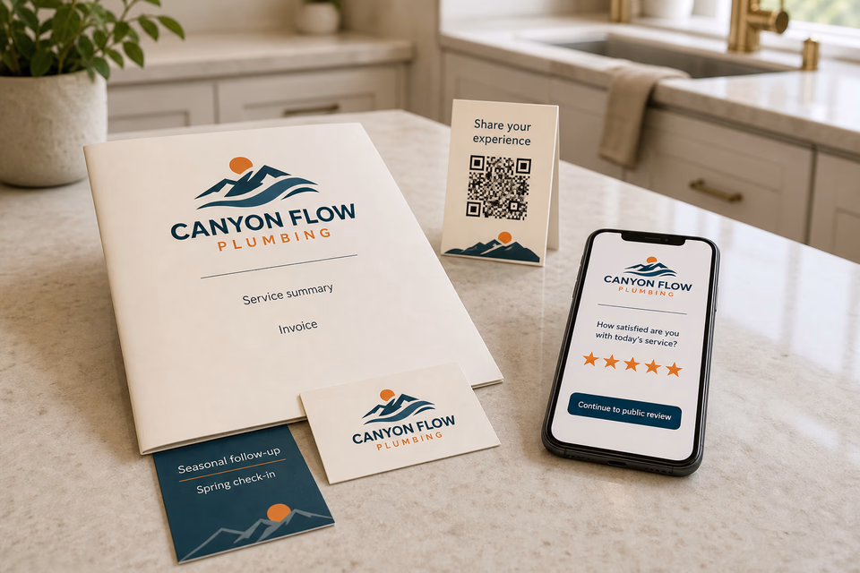 Canyon Flow Plumbing job closeout with satisfaction survey, review path, branded print pieces, and customer follow-up