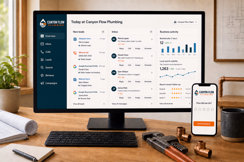 Canyon Flow Plumbing customer system showing the website, customer messages, local search, and follow-up together