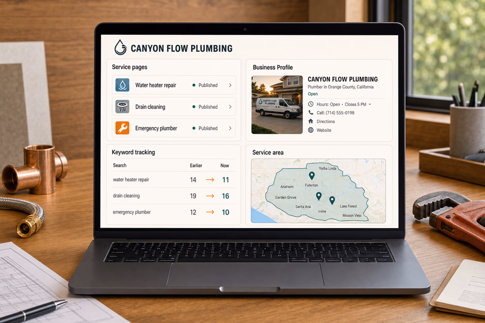 Canyon Flow Plumbing local search workspace with service pages, local listing details, keyword movement, and service-area coverage